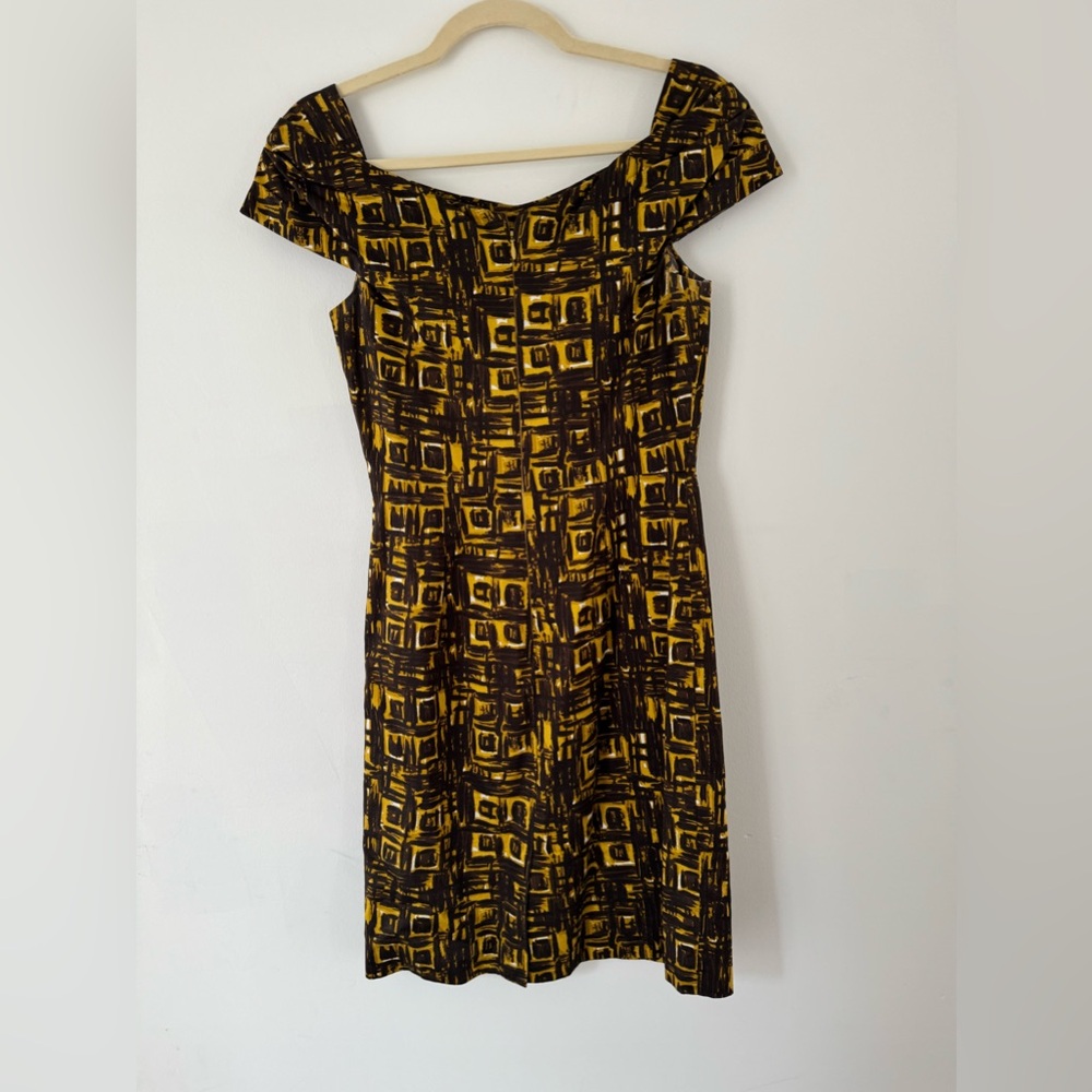 Milly New York Boatneck Cap-Sleeve Brown and Yellow Abstract Dress 2 - Picture 6 of 7